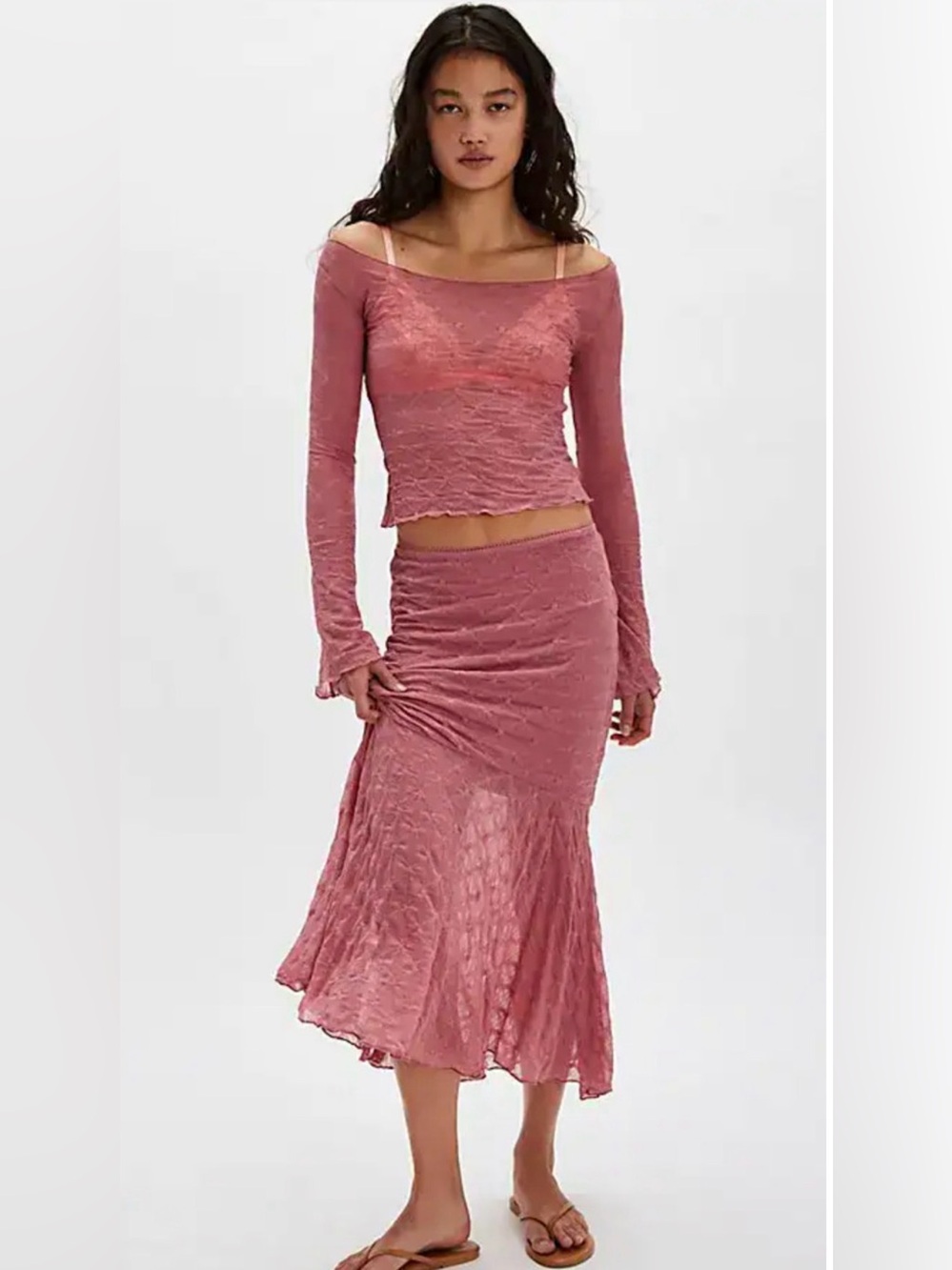 NEW SAEMDI FREE PEOPLE MAUVE CRINKLED TEXTURED JERSEY TOP MIDI SKIRT SET SZ XS